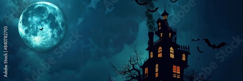Spooky Halloween Haunted House with Bats on Midnight Blue Full Moon 3D Rendering