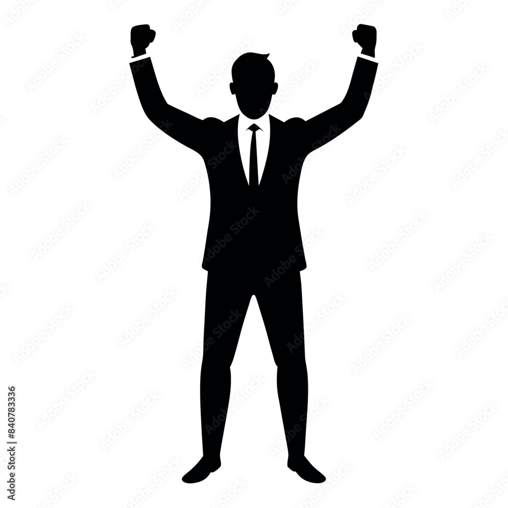 Business man cheers and clenches his fists, vector black color silhouette, isolated white background Business man cheers and clenches his fists, vector black color silhouette, isolated white background