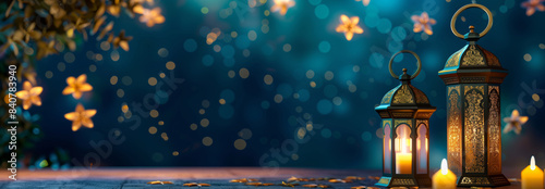 Wallpaper Mural This image shows two ornate lanterns with lit candles, set against a backdrop of blurred lights and a branch with golden leaves. The lanterns are traditional Islamic decorations often used during Eid Torontodigital.ca