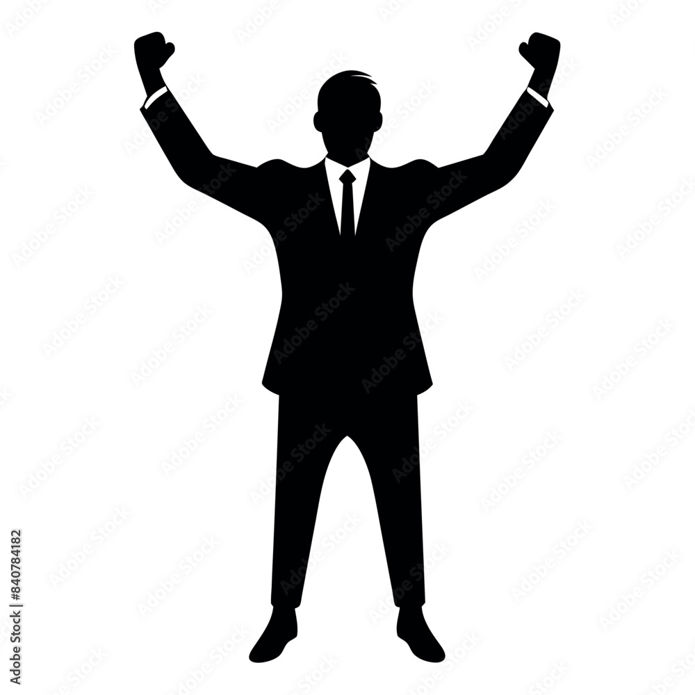 Business man cheers and clenches his fists, vector black color silhouette, isolated white background Business man cheers and clenches his fists, vector black color silhouette, isolated white background
