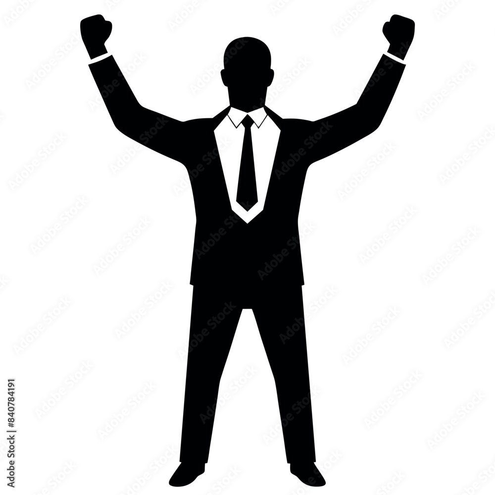 Business man cheers and clenches his fists, vector black color silhouette, isolated white background Business man cheers and clenches his fists, vector black color silhouette, isolated white background