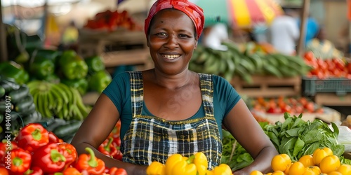 Zambian woman promotes community agriculture by selling fresh produce at urban market. Concept Agriculture, Community, Entrepreneurship, Fresh Produce, Urban Market