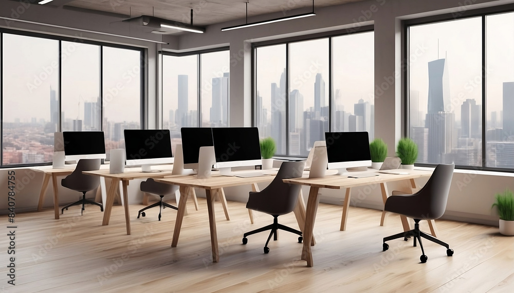 Loft style office 3d rendering image.There are white brick wall, polished concrete floor and black steel structure. Furnished with white furniture generative ai Loft style office 3d rendering image.There are white brick wall, polished concrete floor and black steel structure. Furnished with white furniture generative ai