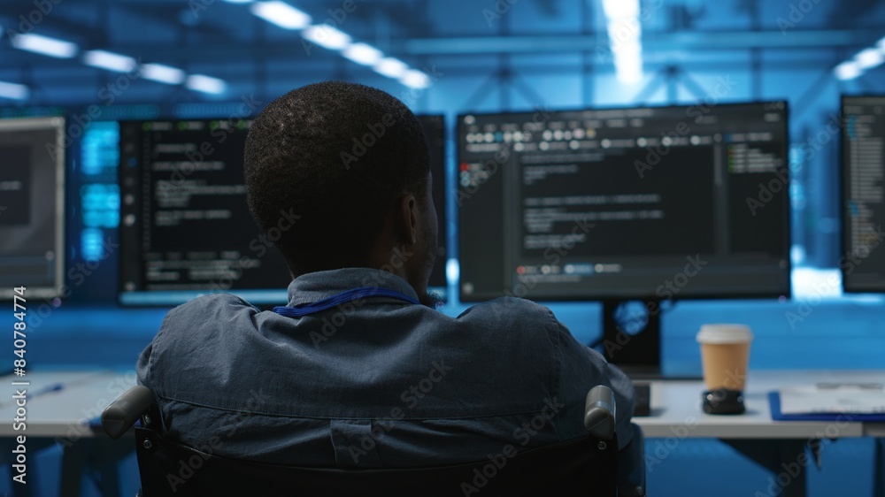African american person with impairment in server farm ensuring data remains shielded from threats. Close up shot of wheelchair user safeguarding data center hardware against unauthorized access African american person with impairment in server farm ensuring data remains shielded from threats. Close up shot of wheelchair user safeguarding data center hardware against unauthorized access
