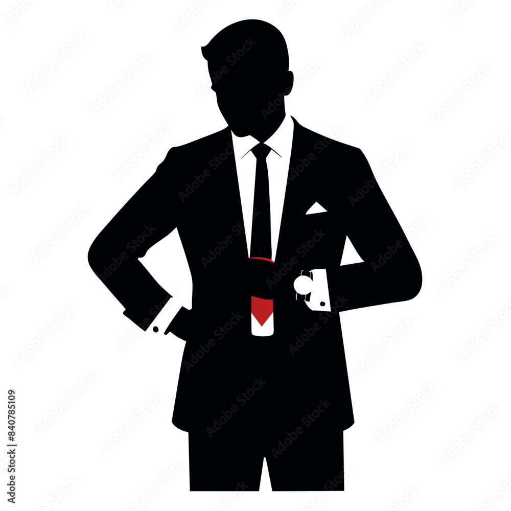 business man in a suit standing and checking time on the wristwatch in a vector silhouette 