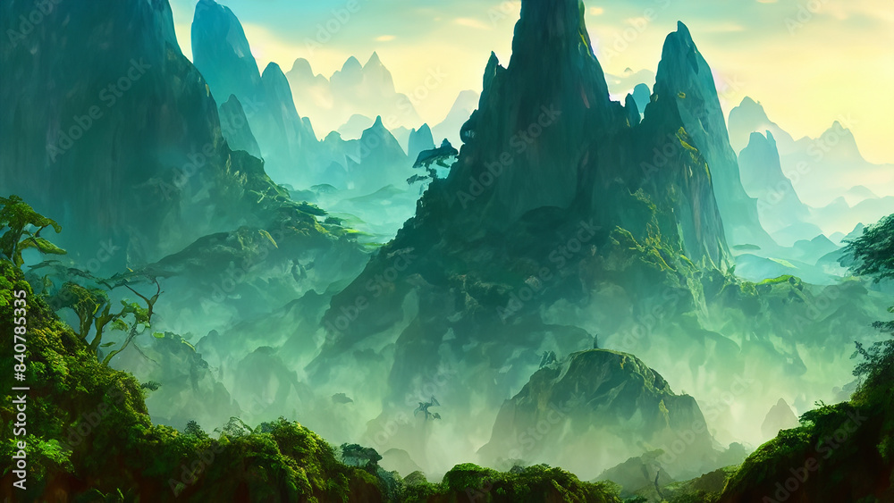 Fototapeta premium Green Hills and dark clouds landscape art illustration design