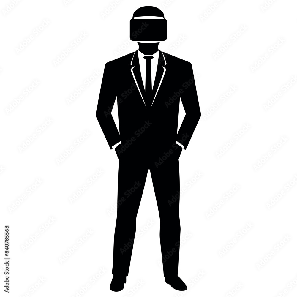 business man stylish standing pose with shoes wearing a VR BOX on the face vector silhouette business man stylish standing pose with shoes wearing a VR BOX on the face vector silhouette