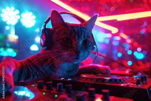 A cat wearing headphones plays the DJ