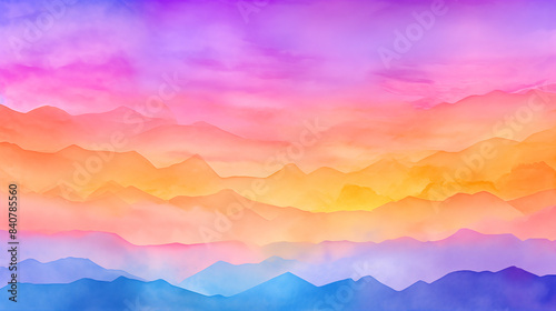 Watercolor minimalist mountain landscape at sunset