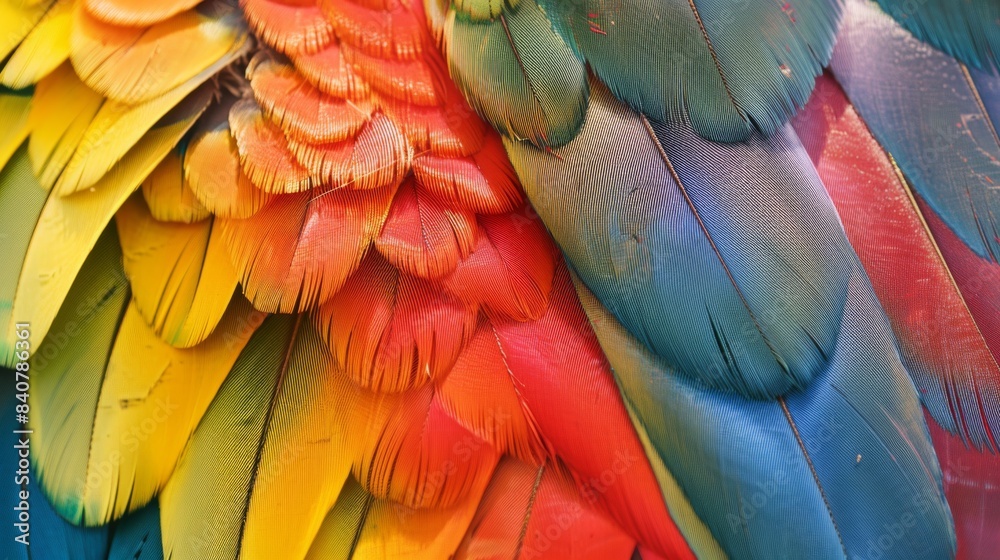 Fototapeta premium Close-up of vibrant, colorful parrot feathers showcasing the beauty of red, yellow, green, and blue hues in a stunning pattern.