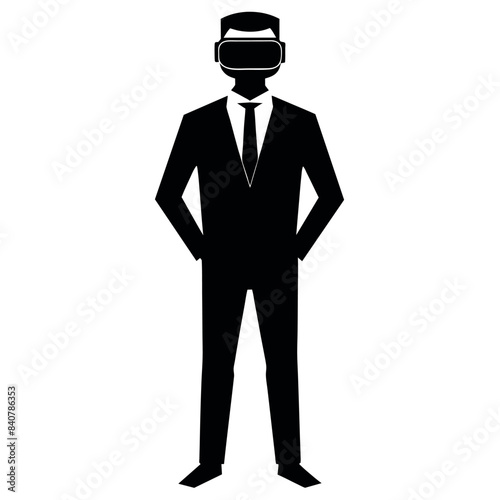 business man stylish standing pose with shoes wearing a VR BOX on the face vector silhouette