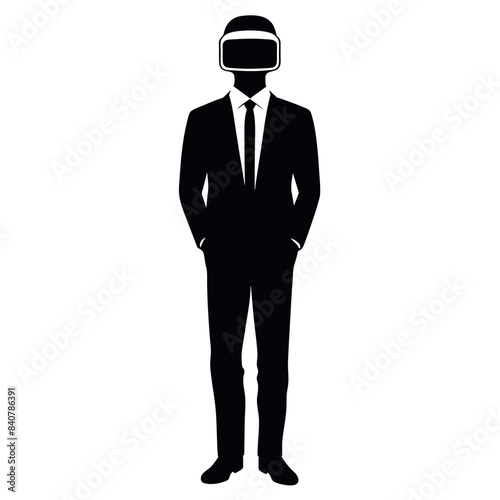 business man stylish standing pose with shoes wearing a VR BOX on the face vector silhouette