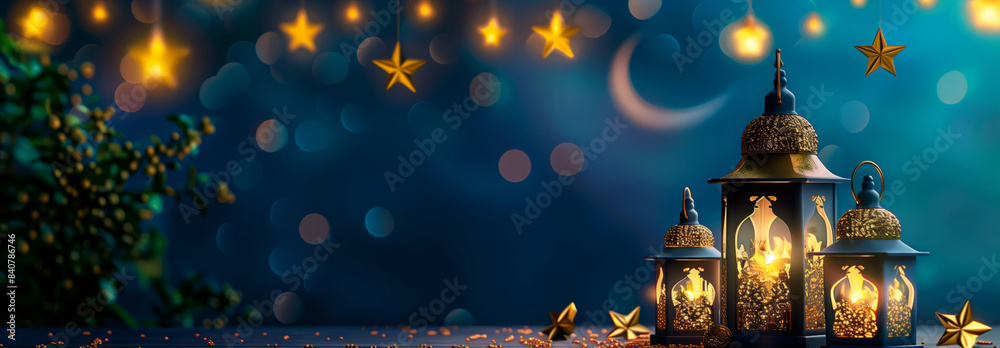 This image shows three traditional lanterns decorated with gold and lit from within, set against a blurred background of twinkling lights, a crescent moon, and stars. The lanterns are often used to This image shows three traditional lanterns decorated with gold and lit from within, set against a blurred background of twinkling lights, a crescent moon, and stars. The lanterns are often used to