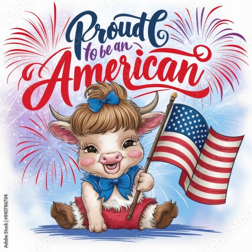 A delightful and patriotic illustration depicting a baby mountain cow with an American flag. There are fireworks in the background, with the inscription 