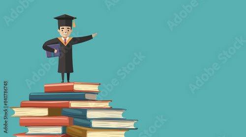 copy space, vector illustration, cartoon style, university student with graduation hat on top of a pile of study books, confident. Graduated student, big achievement, successful study. photo