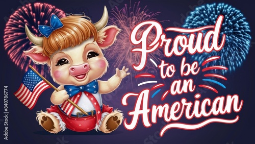 A delightful and patriotic illustration depicting a baby mountain cow with an American flag. There are fireworks in the background, with the inscription 