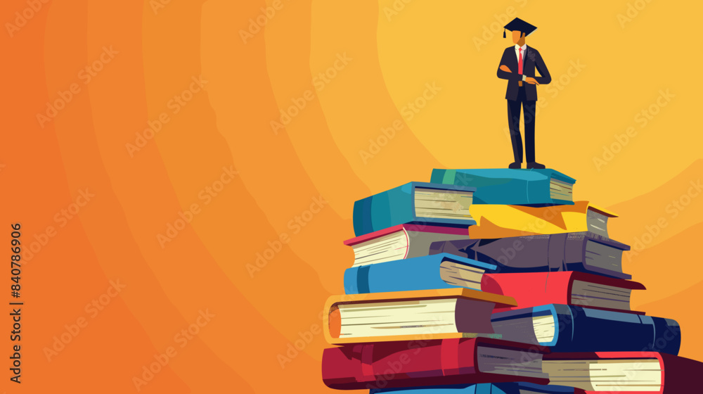 copy space, vector illustration, cartoon style, university student with graduation hat on top of a pile of study books, confident. Graduated student, big achievement, successful study. copy space, vector illustration, cartoon style, university student with graduation hat on top of a pile of study books, confident. Graduated student, big achievement, successful study.