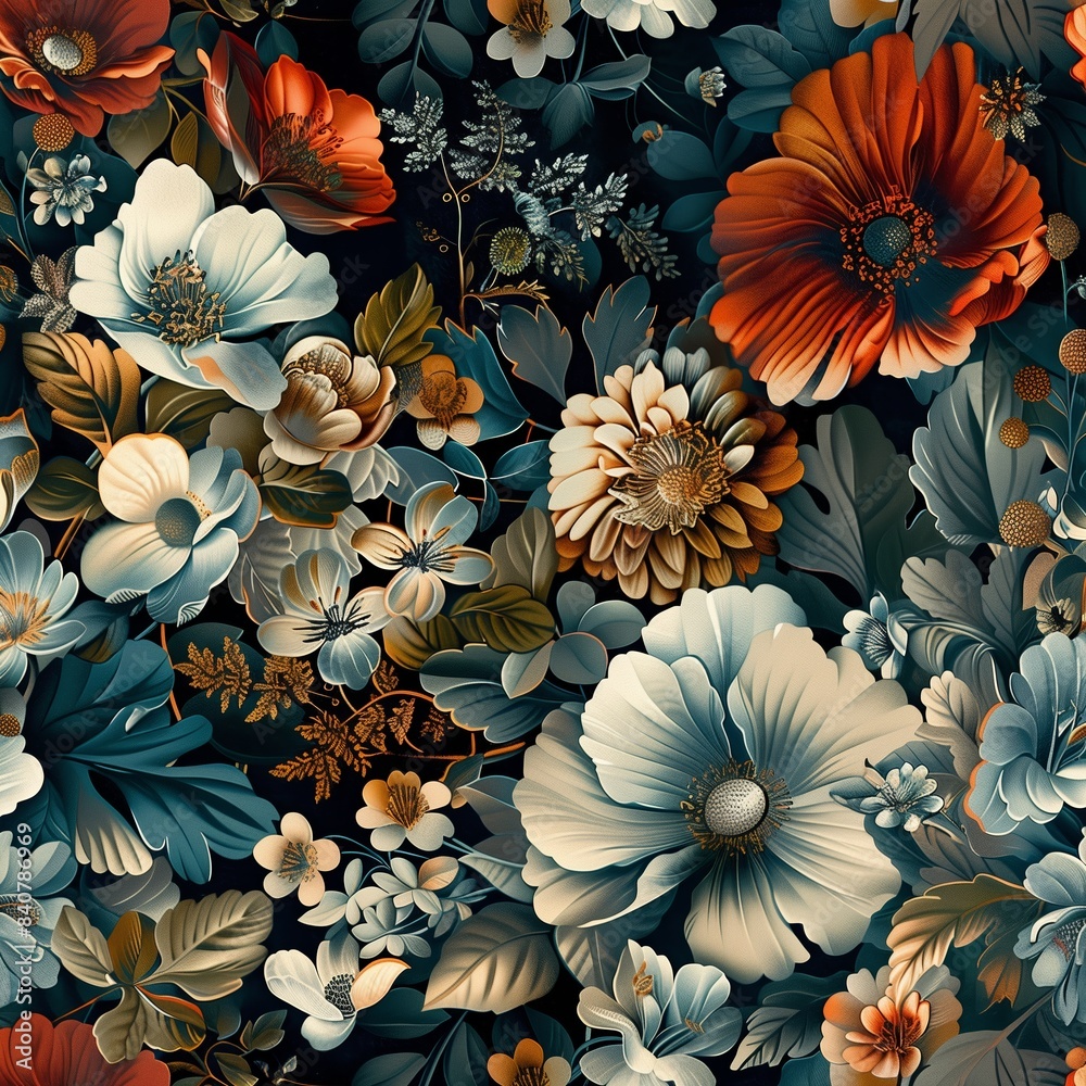 Fototapeta premium Beautiful floral pattern with orange, blue, and white flowers