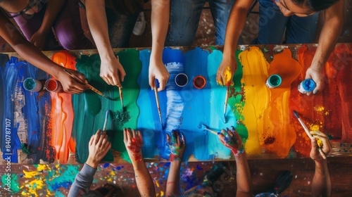 Top view of people using brushes to paint a colorful rainbow on a wooden s, showcasing creativity and teamwork in art project.