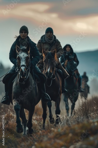 A group of people riding on horsebacks, various cultures and historical periods represented