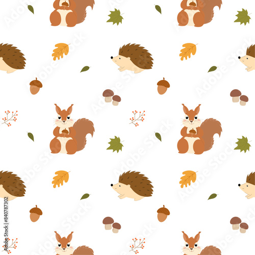 Seamless pattern with cute squirrels and hedgehogs in the forest. Children's print, animals with mushrooms, leaves, acorns.