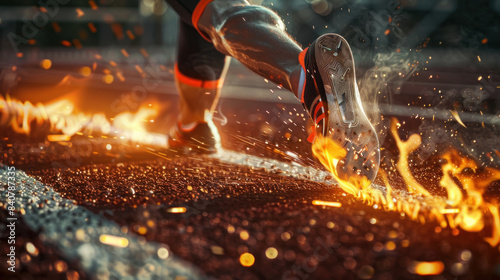 athlete in the starting position on one leg, with flames coming out from under his shoes and sparks flying around him 