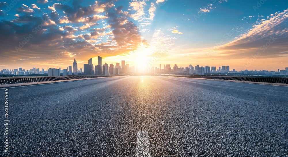 Empty asphalt floor with a city skyline background at sunset Empty asphalt floor with a city skyline background at sunset