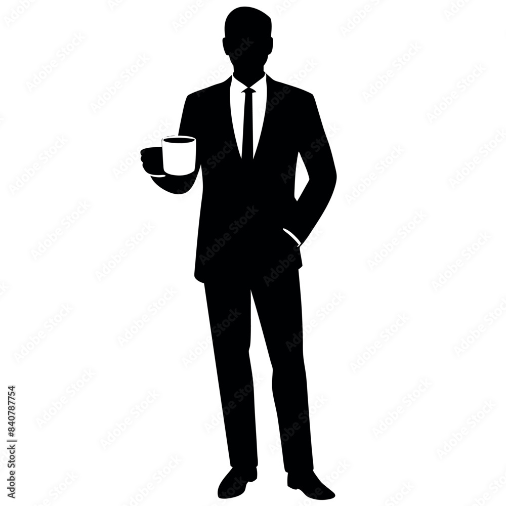 business standing with professional outfit, holding a cup of tea with cheers mode, vector silhouette business standing with professional outfit, holding a cup of tea with cheers mode, vector silhouette