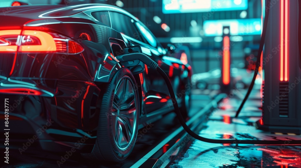Power supply connected to electric vehicle charge battery. EV charging station for electric car or Plug-in hybrid car. Automotive innovation and technology concepts. Generative Ai hyper realistic Power supply connected to electric vehicle charge battery. EV charging station for electric car or Plug-in hybrid car. Automotive innovation and technology concepts. Generative Ai hyper realistic