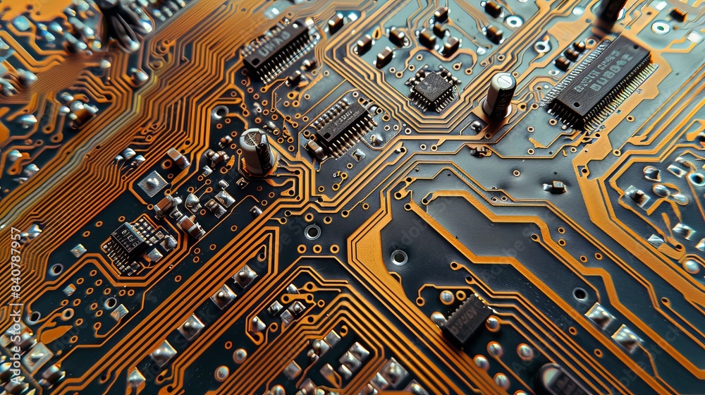 Electronic circuit board closeup. Electronic motherboard card. Circuitry and close-up on electronics. Background of electronics on board electrical circuits, technology texture.