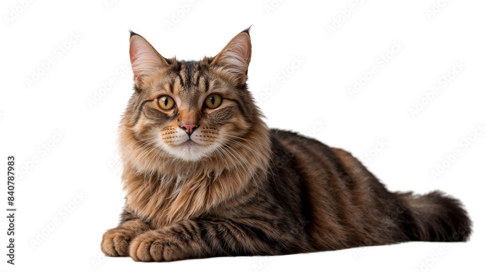 Obraz premium A Turkish cat with long fur is lying on a white background.