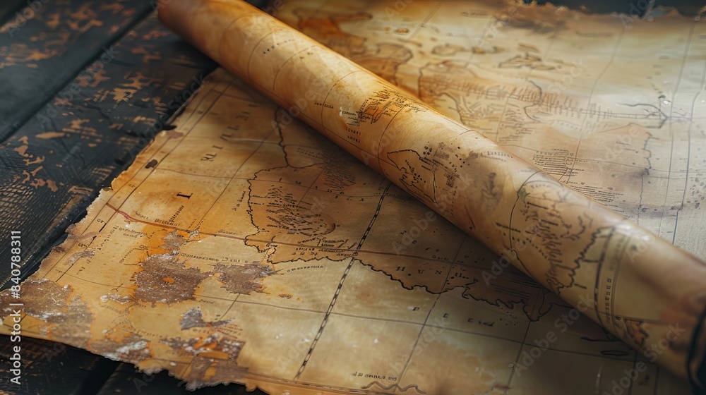 Historical Map: A yellowed historical map is rolled up in an old scroll. Worn-out details on its surface carry the traces of the past Historical Map: A yellowed historical map is rolled up in an old scroll. Worn-out details on its surface carry the traces of the past