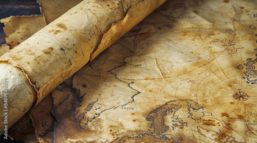 Historical Map: A yellowed historical map is rolled up in an old scroll ...