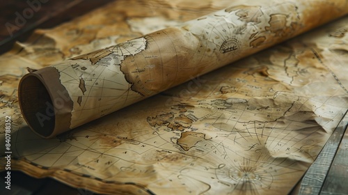 Historical Map: A yellowed historical map is rolled up in an old scroll. Worn-out details on its surface carry the traces of the past 