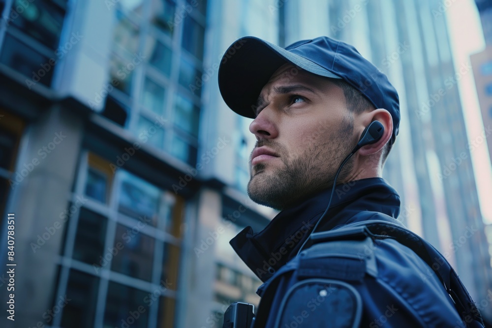 A person wearing a hat and earphones standing in front of a tall building A person wearing a hat and earphones standing in front of a tall building