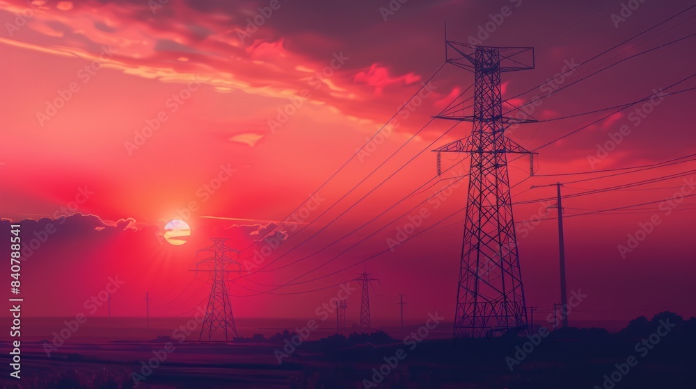 Silhouette of High voltage electric tower on sunset time background ...