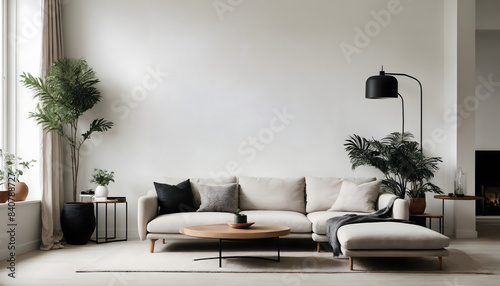 Modern minimalist composition of wall mockup, living room interior, 3d render
