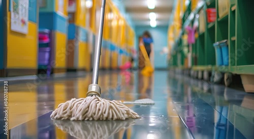 Close-Up on the Mop: Person Cleaning a School, Using a Mop to Clean the Floor	
 photo
