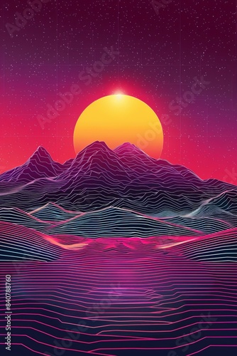 Abstract Sunset Landscape With Mountains and Stars