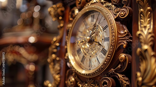 Old Clock: An antique mantle clock, adorned with carved wooden details and gold plating, is elegantly displayed