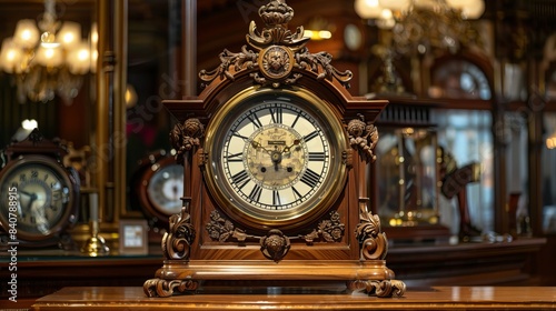 Old Clock: An antique mantle clock, adorned with carved wooden details and gold plating, is elegantly displayed