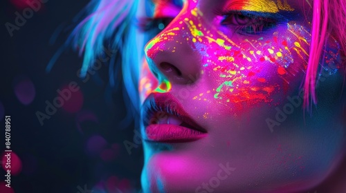 A close-up shot of a woman with vibrant neon makeup