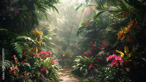 Botanical Paradise  Volumetric Floral Landscape with Intricate Vines and Exotic Blooms Bathed in Sunlight and Shadow.