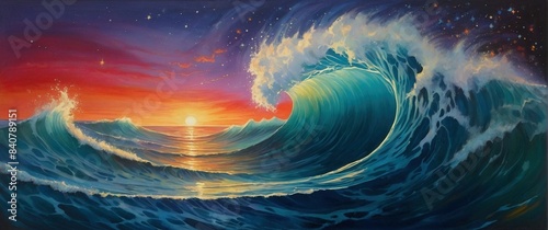 Colorful painting of a giant sea ocean wave swirl with sunset sunrise sky on the background. Artistic epic seascape wallpaper illustration header design concept. 