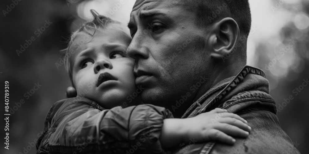 A father holds a small child close, representing love and care A father holds a small child close, representing love and care