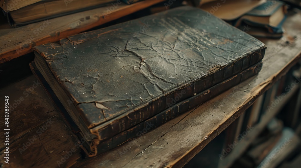 Obraz premium Ancient Book: A weathered leather-bound book, with pages bearing the marks of years, sits among old wooden shelves