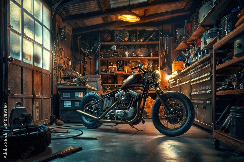 Naklejka premium A motorcycle parked in a garage