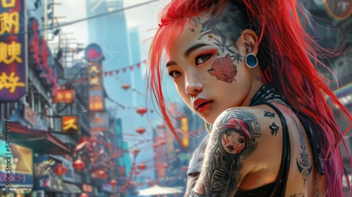 Illustration of Tattooed Asian street punk woman with red hair on city cyber background. AI generated