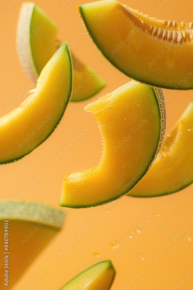 A bunch of melon slices are seen flying through the air, perfect for capturing attention or adding humor to any scene A bunch of melon slices are seen flying through the air, perfect for capturing attention or adding humor to any scene