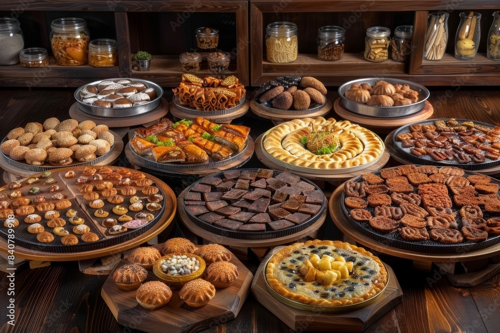 Assorted Pastries and Desserts on Wooden Table in Bakery Assorted Pastries and Desserts on Wooden Table in Bakery